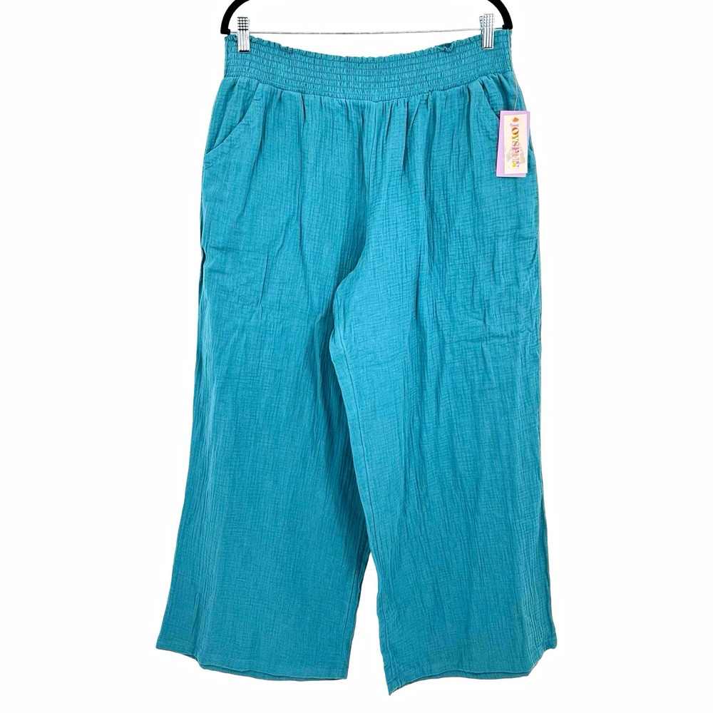 Joyspun Women's Large 12-14 Gauze Wide Leg Pants Pacifica Green NWT Boho